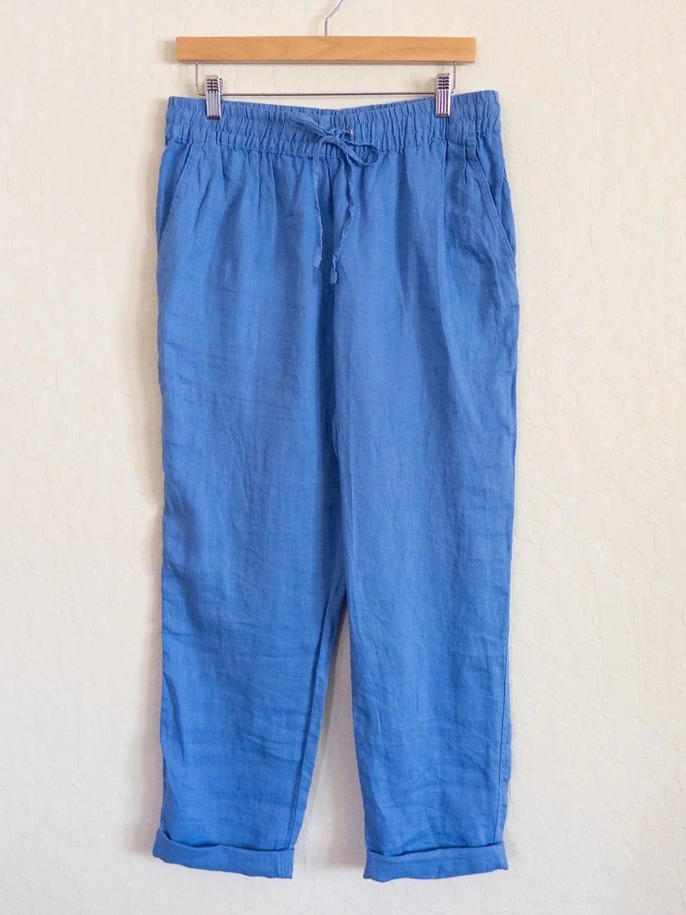 H&M 100% Linen Pull On Elastic Waist Pants Medium Blue Beach Coastal Travel Boho